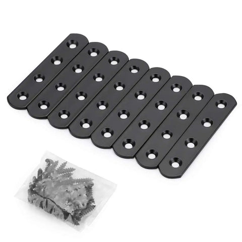Eight Piece Stainless Steel Mending Plates 4 Inch Square Corner Brackets With Matching Screws for heavy duty furniture repair, showing black brackets and screws.