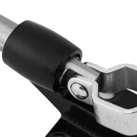 Close-up of Push Pull Toggle Clamp 305E 386 Kg Capacity with 42mm plunger stroke in metalworking and fabrication shops.