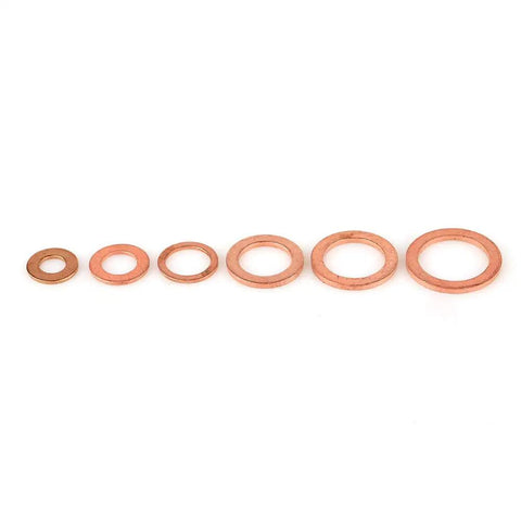 Copper Washers Set 110 Pcs 6 Types With Durable Case Assortment Kit showing six different sizes of copper washers for high temp resistance