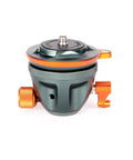 Precision Camera Leveling Base Featuring Smooth Rotating Bubble Level With One Quarter Twenty Screw Thread And Slide Sleeve Adapter delivering rock solid stability view from side in slate gray and orange.
