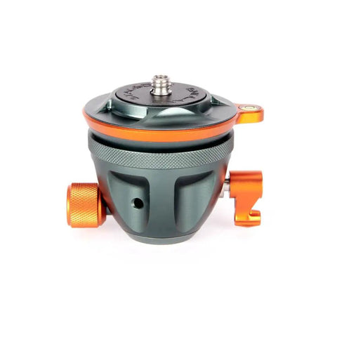 Precision Camera Leveling Base Featuring Smooth Rotating Bubble Level With One Quarter Twenty Screw Thread And Slide Sleeve Adapter delivering rock solid stability view from side in slate gray and orange.