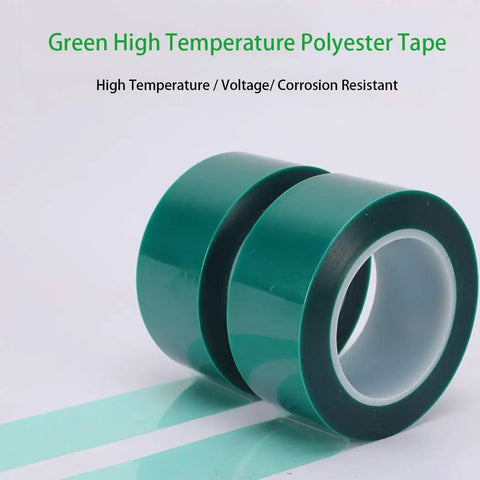 Heavy Duty Polyester Tape With Silicone Adhesive For High Temperature Bake Ready Jobs No Residue Three Point Five Mil Thick 2 Inch Wide By 72 Yards Long For Powder Coating And E Coating shown in green color with white core.