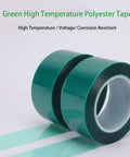 Green high temperature polyester tape shown in rolls, ideal for coating applications, 2 Mil Polyester Tape With Silicone Adhesive For High Temperature Applications PET Tape For Powder Coating And E Coating 3.5 Mil Total Thickness Green Industrial Strength For Tough Jobs Pack Of 6 2 Inch By 72 Yard Rolls