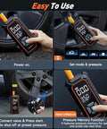 Cordless Tire Inflator Portable Air Compressor With 150 PSI Dual Power 6000mAh Battery shown inflating car tire with digital gauge