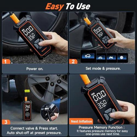 Cordless Tire Inflator Portable Air Compressor With 150 PSI Dual Power 6000mAh Battery shown inflating car tire with digital gauge