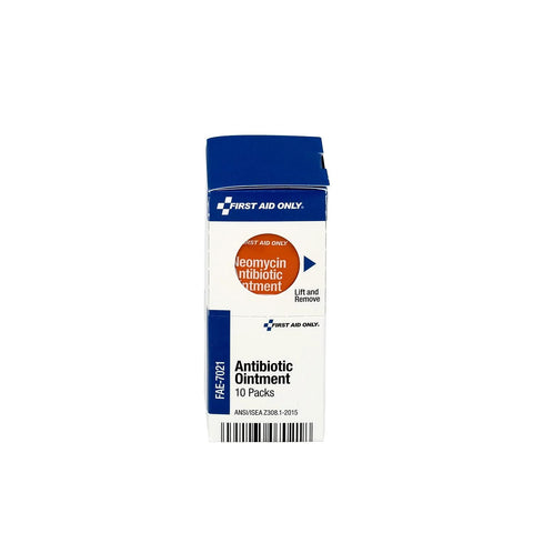 First Aid Only antibiotic ointment box, front view, 10 packs, white with blue accents.