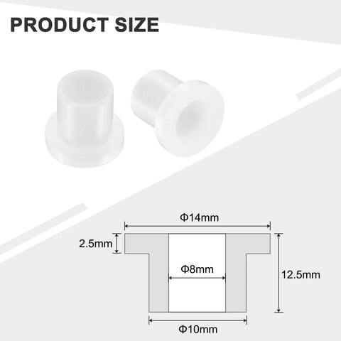 12 Pack Nylon Flanged Sleeve Bearings 8mm Bore, 10mm OD, 12.5mm Length, White Self Lubricating Bushings With 14mm Flange Diameter And 2.5mm Flange Thickness For High Load Capacity, Low Friction, Durable Hardware displayed with dimensions.