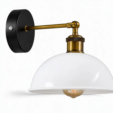 Industrial Dome Wall Sconce, White, 180° Adjustable Vintage Wall Light with white dome shade and brass arm mounted on black wall.