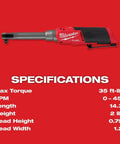 Badass 3/8 Inch Extended Reach High Speed Ratchet Built With A Pro Powerstat Brushless Motor And Metal Trigger on red background with specs.