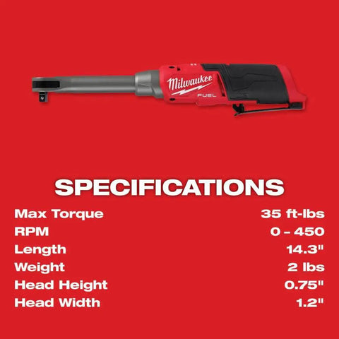 Badass 3/8 Inch Extended Reach High Speed Ratchet Built With A Pro Powerstat Brushless Motor And Metal Trigger on red background with specs.