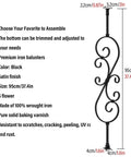 Top Shelf Black Wrought Iron Railing Posts And Balusters For Deck Backyard Porch And Balcony, 37 Inch Rock Solid Anti Rust Banister Spindles For Quick Diy Install, detailed view of black iron baluster with satin finish and dimensions.