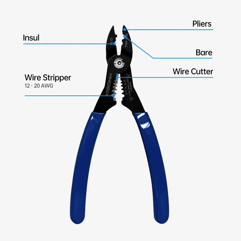4-In-1 Electrician Pliers Set With Wire Cutter, Stripper, Crimper, And Gripper For 12-20 AWG, ergonomic non-slip handles, diagram view