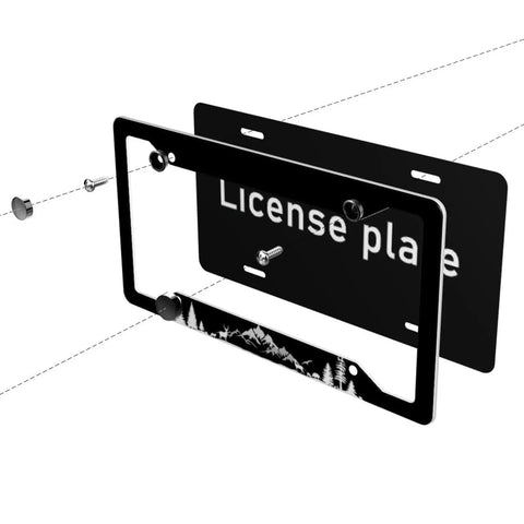 Two Pack Universal Car License Plate Frames With Screws For US Plates Twelve Point Three By Six Point Three Inches Aluminum Weatherproof Durable Plate Holder Decor For Women And Men, black frame with mountain design