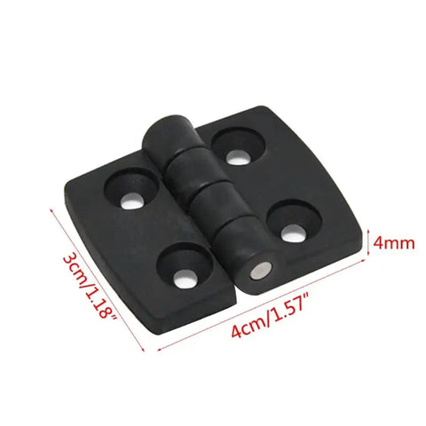 Black plastic furniture hinge with dimensions, part of 10 Piece Folding Butt Hinges Set For Furniture Durable Plastic Hinge Hardware.