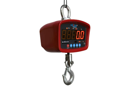 Medium Duty Digital Crane Scale 1000 Lb Capacity.2 Lb Precision Compact Hanging Weighing Device with a red display and silver hook.