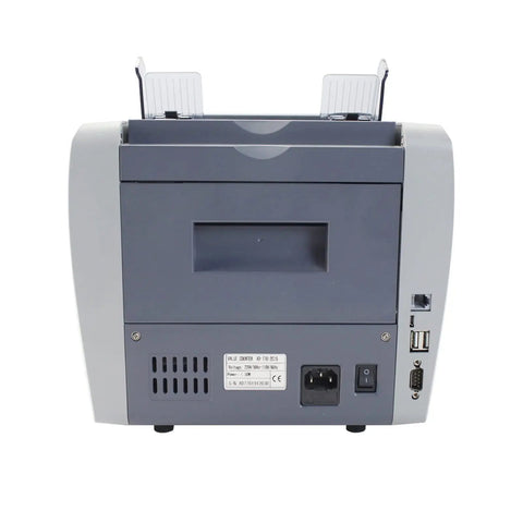Back view of Plug And Play Cash Counter Machine For Mixed Currency Bills With Auto Detection and sleek LCD screen.