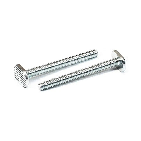 Two zinc plated T-slot bolts from One Quarter Inch Twenty T Track Bolts Set Twenty Pack Two Point Five Inch Long T Slot Bolts For Universal T Track Pro Grade T Track Accessories For Woodworking Jigs And Fixtures Easy Tightening And Secure Fit For DIY Shop Projects.