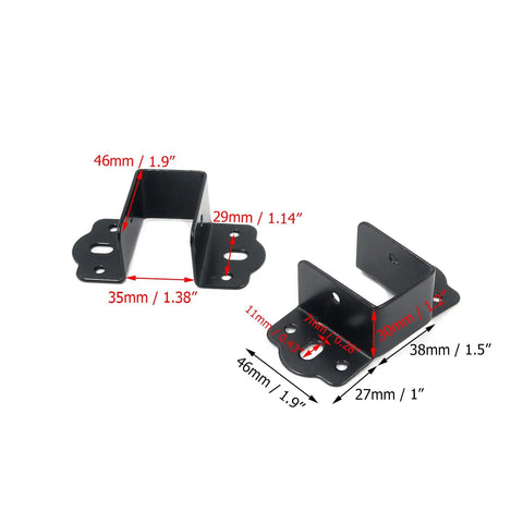 Heavy Lifter Bed Rail Fitting Kit 4 Pack Black Anti Rust Bed Frame Brackets with size measurements for mounting.