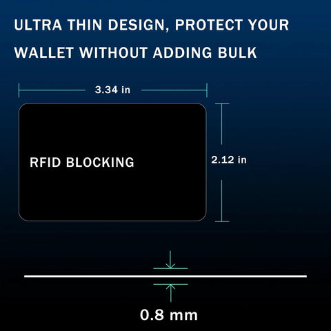 5 Pack RFID Blocking Card Shields For Wallets And Passports, ultra slim design dimensions 3.34 x 2.12 inches, 0.8 mm thick.