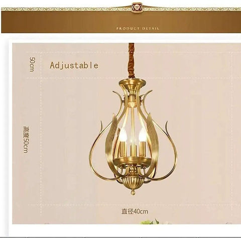 Modern Chandelier Ceiling Pendant Light Fixture For Dining Room Bedroom Porch And Garden With Chic Candle Design, adjustable 50cm height, copper finish.