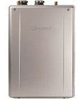 Mad Fast Instant Hot Water Flow Beige Natural Gas Tankless Water Heater with a sleek surface and gas line connections.