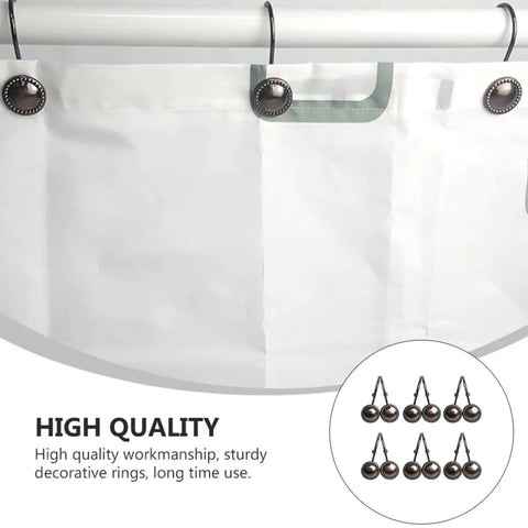 12 Pack Vintage Metal Shower Curtain Hooks With Round Glide Rings for Easy Hanging shown on a curtain rod.