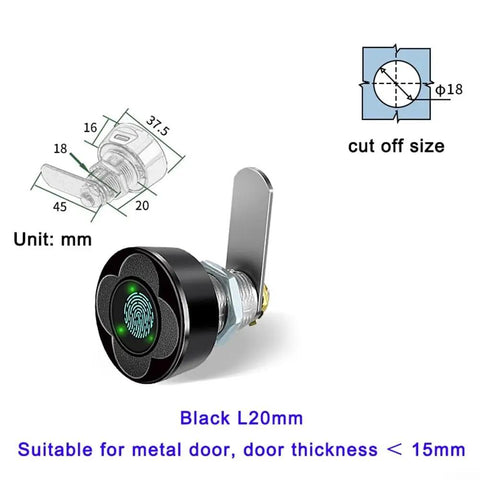 Slick Smart Drawer Fingerprint Lock With Lightning Fast Unlock And No Sweat Charging For Tv Console Bedroom Nightstand Shoe Rack And Office Locker In Rock Solid Aluminum Black Setup showing a black fingerprint lock suitable for metal doors.