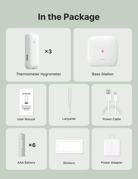 WiFi Temperature And Humidity Monitor For Home And Garden With Smart App Control Hygrometer For House And Plants Free Data Storage Export Three Sensors And One Base Station package includes sensors, base station, AAA batteries