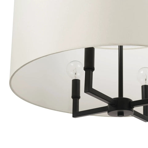 Close-up of Four Light Matte Black Chandelier With Beige Fabric Shade Modern Farmhouse Hanging Light For Kitchen Island Dining Room Or Hallway