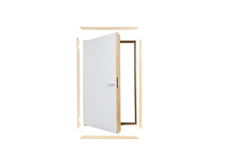 Pro Grade Solid Pine Wall Access Door With Boss Level Thermal Insulation And Crisp White Finish, fully assembled, left or right swing.