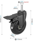 Three Inch Swivel Stem Caster Wheels Set Of Four With Two Brakes And Two Without Brakes Heavy Duty Threaded Stem shown with dimensions
