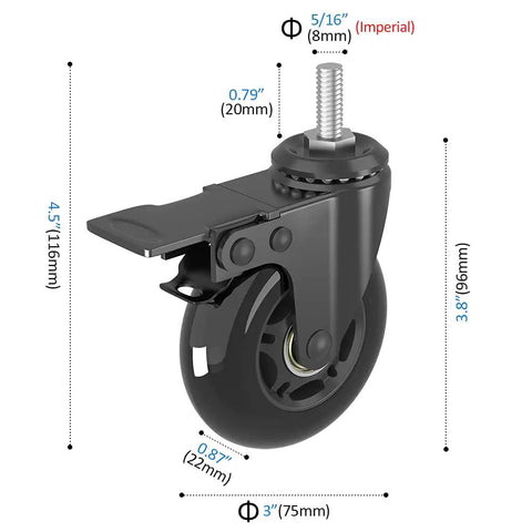 Smooth Rolling 3 Inch Swivel Caster Wheels With 5 16 18 Threaded Stem Set Of 4 Heavy Duty dual brake caster with measurements.