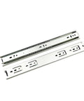 Rock Solid Full Extension Side Mount Drawer Slides, shiny steel tracks showing ball bearing glide for smooth operation.