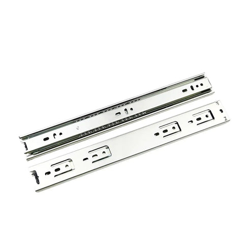 Rock Solid Full Extension Side Mount Drawer Slides, shiny steel tracks showing ball bearing glide for smooth operation.