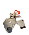 Heavy Duty Hydraulic Torque Wrench With 1 Inch Square Drive And Double Acting Design side view with metal finish and red connector.