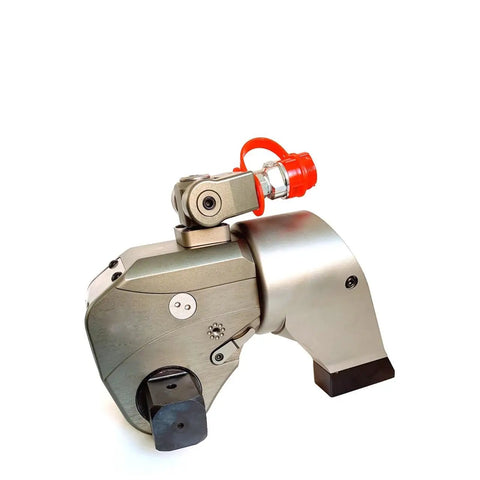 Heavy Duty Hydraulic Torque Wrench With 1 Inch Square Drive And Double Acting Design side view with metal finish and red connector.