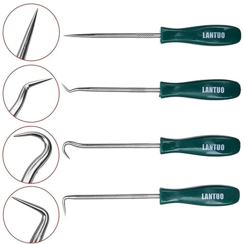 Set of four LANTUO oil-seal puller tools with green handles and metal tips for removing seals and gaskets.