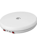 Premium 10 Inch Electric Rotating Display Stand With Bright LED Lights And Zero Noise Motorized Turntable top view showing white design and control buttons.