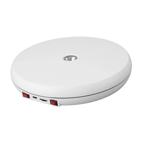 Premium 10 Inch Electric Rotating Display Stand With Bright LED Lights And Zero Noise Motorized Turntable top view showing white design and control buttons.