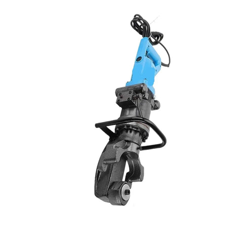 Heavy Duty Portable Electric Rebar Cutter And Steel Bar Bender For Snappy Five Second Cuts Low Noise Grind Mode Easy Push Button Switch Rock Solid Site Workhorse, blue and black design, utility tool for construction.