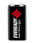Eveready Super Heavy Duty 9V battery with zinc chloride core and black casing for fire alarms, toys, and controllers.