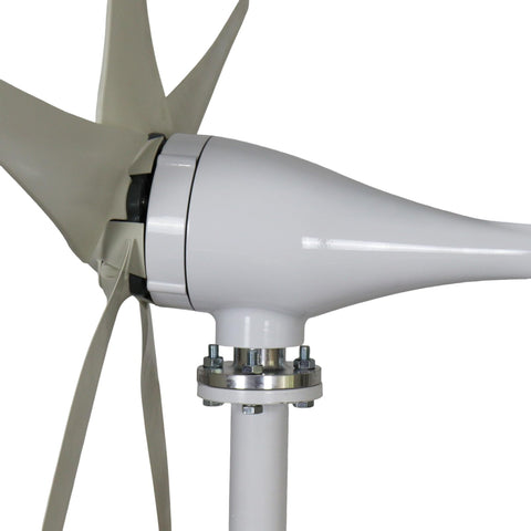 1200W Wind Turbine Generator Kit With 5 Blade Design And Controller, 12V Wind Power System For Home, Farm, RV Or Boat, Starts At 2.5 Mps And Delivers Off Grid Ready Renewable Energy, close-up side view showing blades and base mount.