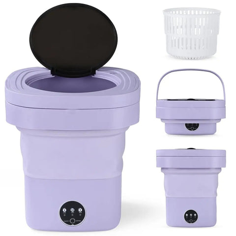 Portable Mini Washing Machine, 10 5 Liter Foldable Compact Laundry Spin Dryer With Quick Timer in purple with lid open.