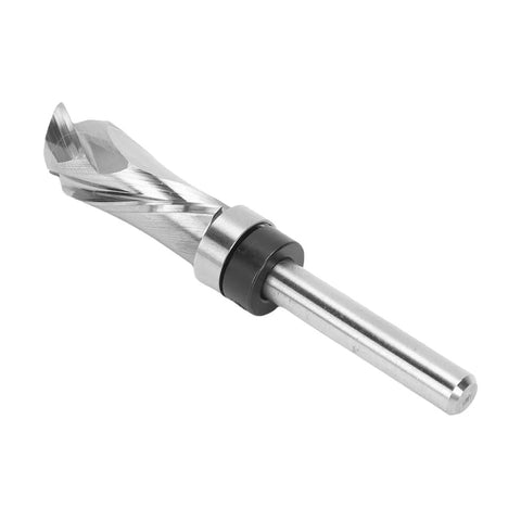 Extra Long Compression Flush Trim Router Bit With Top Bearing For Ultimate Woodworking Precision, 1/4 Inch Shank And 1/2 Inch Cutting Dia from side angle.