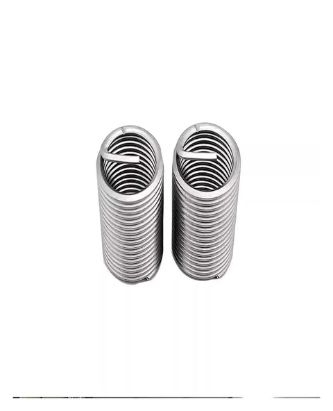 Heavy Duty Stainless Steel Self Tapping Thread Repair Inserts For M5 Fastener Helical Wire Nuts M1 6 To 12 Size Slotted Kit Pack Of Fifty close-up view of two stainless steel inserts.