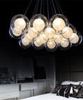 Drop Dead Stunning Modern Glass Pendant Chandelier With Polished Chrome Finish And Efficient Led G4 Bulbs, overhead view with multiple glass shades.