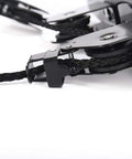 Heavy Duty Ceiling Bike Hoist For Garage With 100 Lb Capacity, Quick Mount Pulley Rack For Mountain Bikes, Strong Steel Frame With Nylon Coated Hooks To Protect Your Ride. Close-up of steel pulley, black nylon rope, and hook clamp