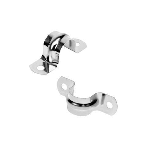 Two stainless steel conduit clamps with 2 mounting holes for pipe fixing