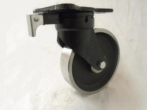 Heavy Duty 8 Inch Forged Steel Dual Wheel Caster Set With Kingpinless Swivel Directional Lock and Rigid Rollers, side view.