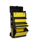 Front view of Four Layer Rolling Toolbox Organizer With Detachable Toolbox Multi Level Workstation Pull Handle Yellow Built Tough